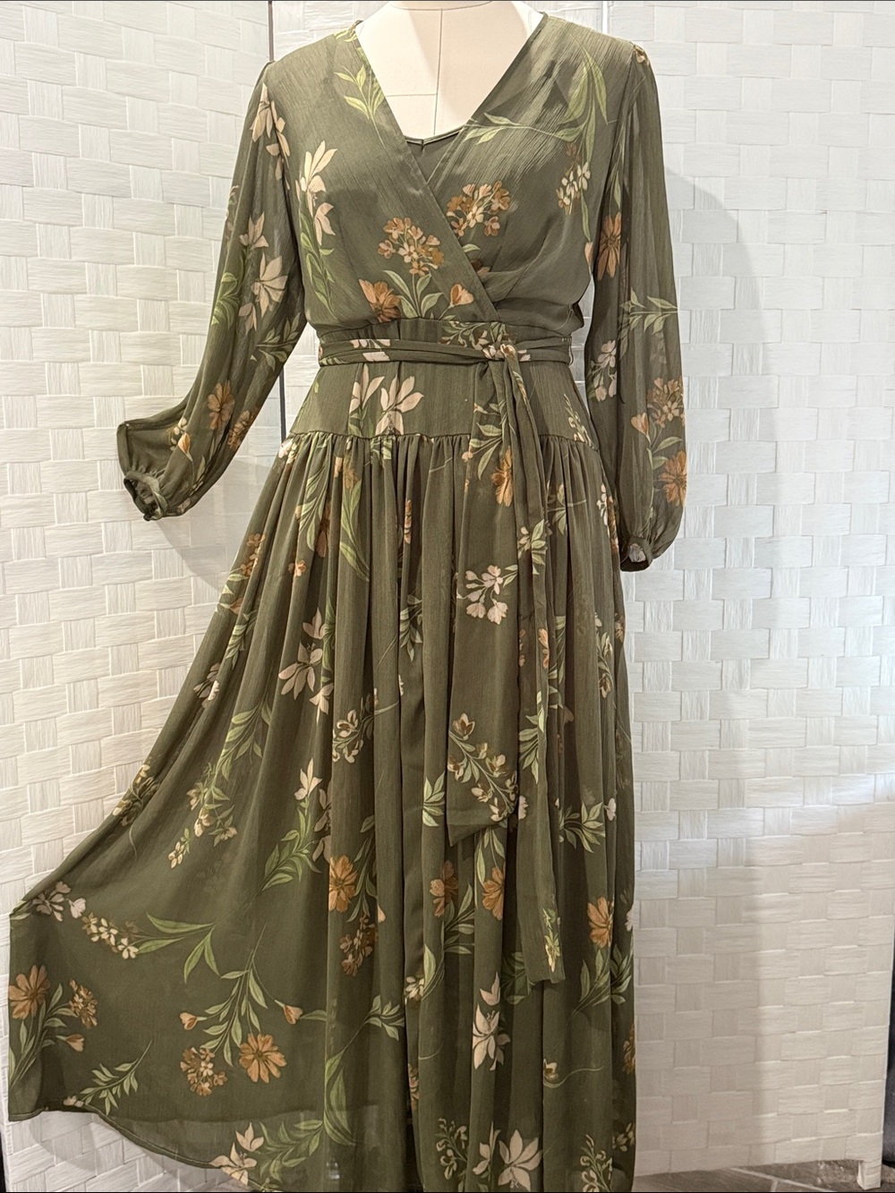 Olive Green Floral Faux Wrap Maxi Dress Boho Style